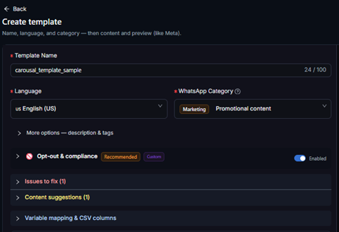 Figure 9 — Carousel template metadata with Issues to fix and Content suggestions panels.